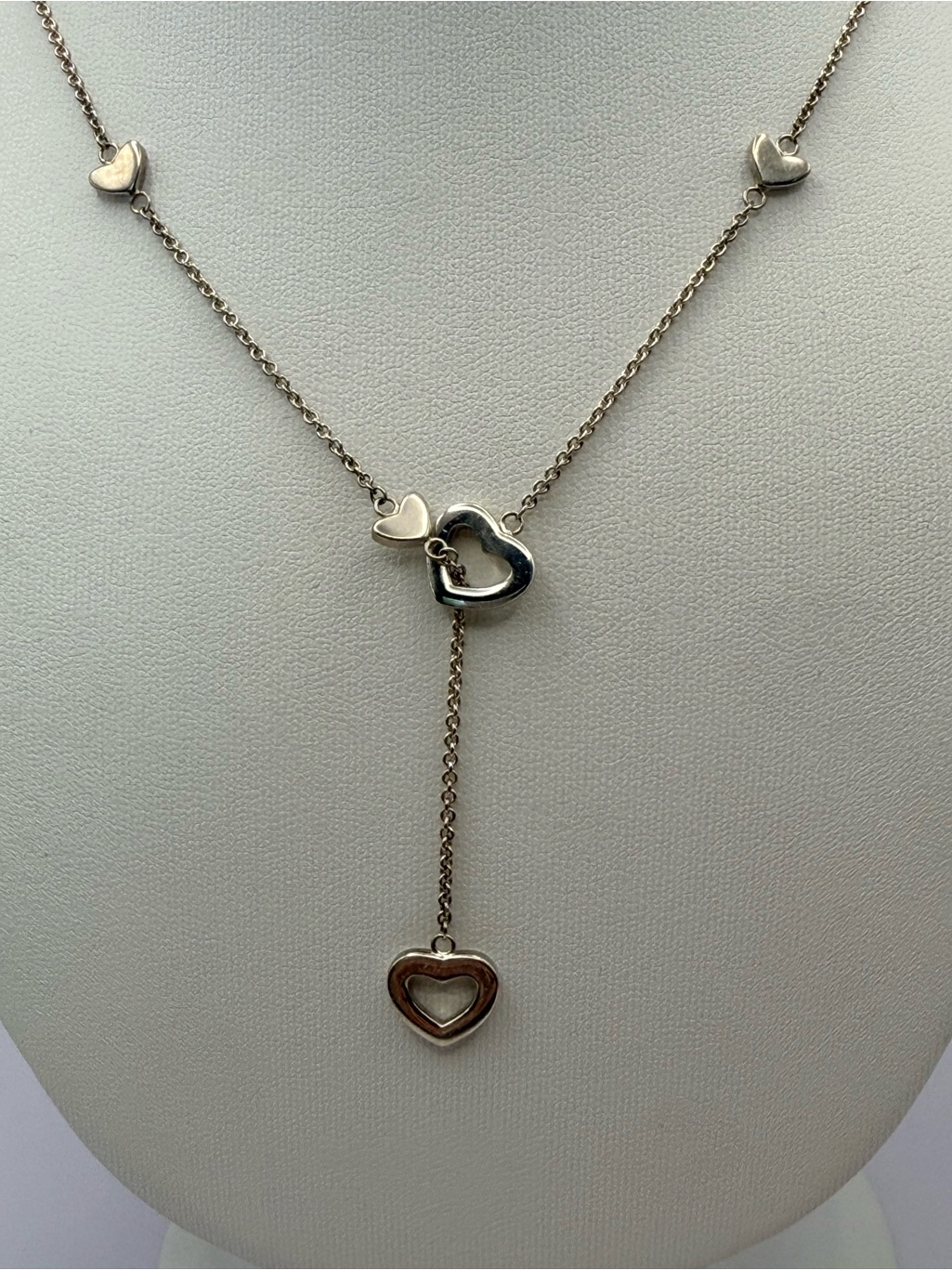 Tiffany & Co. Silver Heart Lariat Necklace With Heart Accents 9 Stations